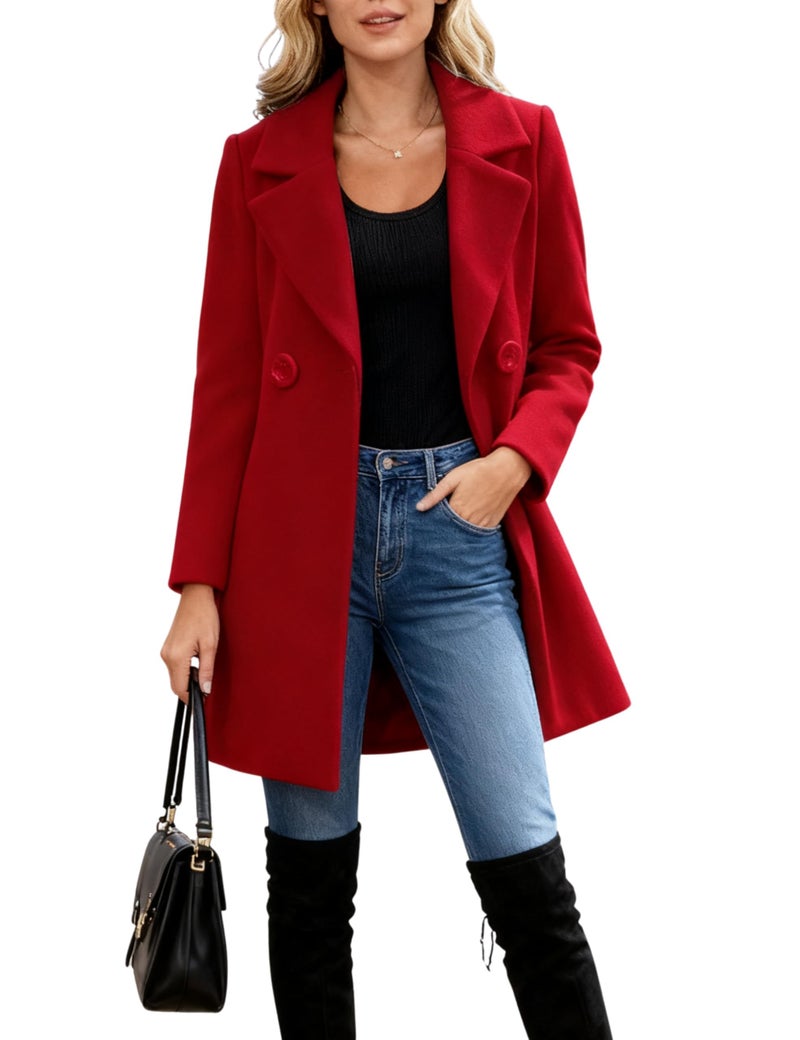 Omoone Women's Long Sleeve Slim Fit Warm Winter Wool Blend Pea Coat Overcoat(1056-Red-XL) - Image 1